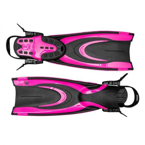 A pair of pink and black scuba fins on a white background.