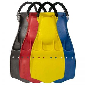 A pair of yellow, red and blue scuba fins.