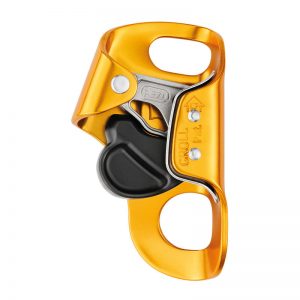 A yellow climber's carabiner on a white background.