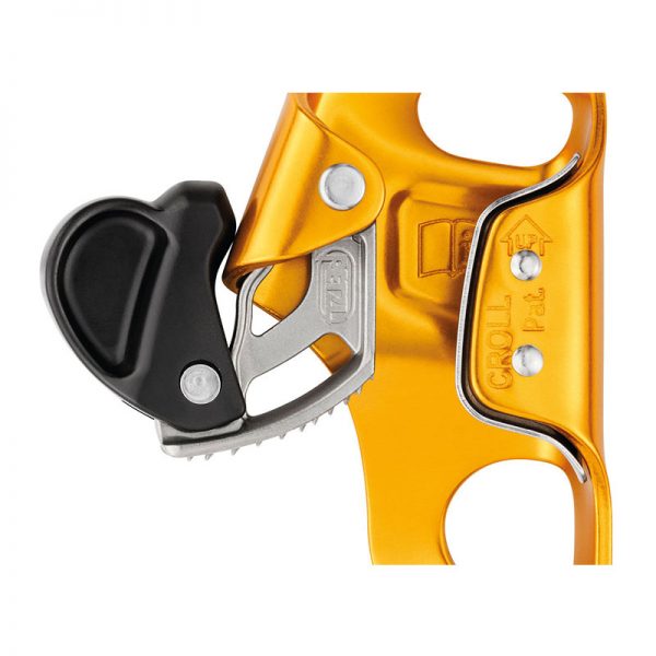 A yellow climbing carabiner on a white background.