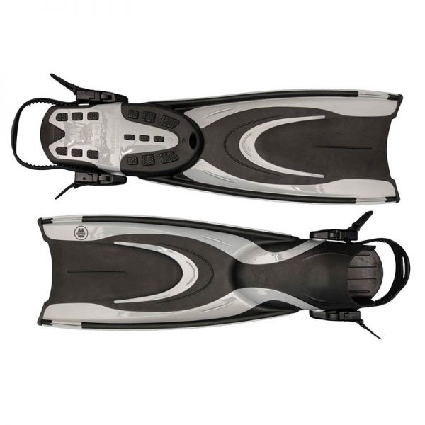 A pair of diving fins on a white background.