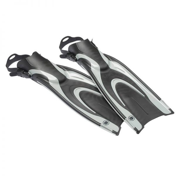 Two pairs of diving fins on a white background.