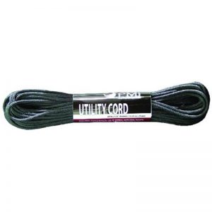 A black nylon cord with a logo on it.