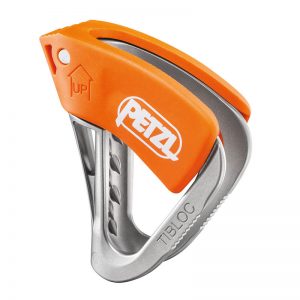 A petzl teo - orange carabiner on a white background.