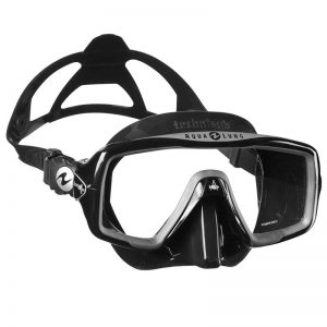 A Ventura+ - Black/Black Silicone scuba mask on a white background.