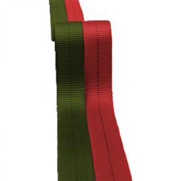 A red and green 1" Flat Webbing on a white background.