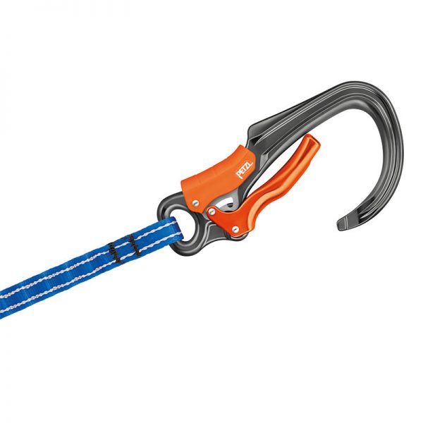 A SCORPIO EASHOOK carabiner with an orange and blue handle.