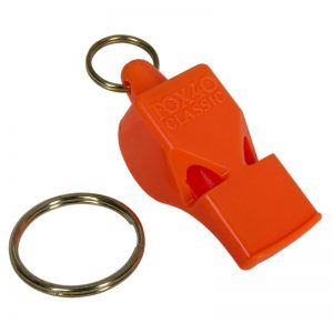 An orange whistle with a key ring.