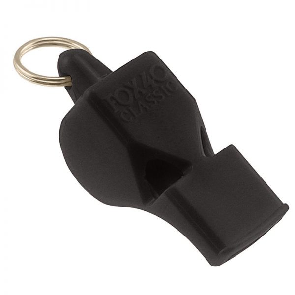 A black whistle on a white background.
