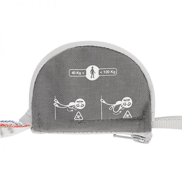 A gray SCORPIO EASHOOK pouch with a white label on it.