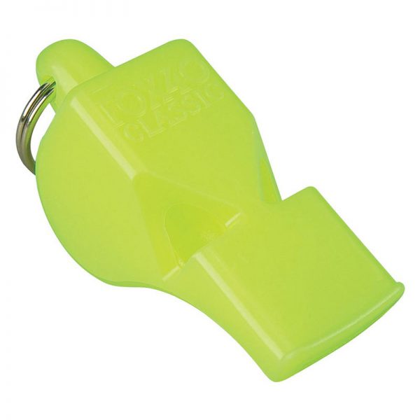 A yellow whistle on a white background.