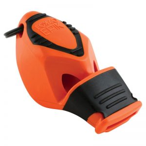 An orange and black whistle on a white background.