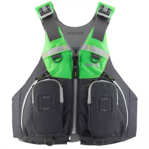 A green and black life jacket with two pockets.