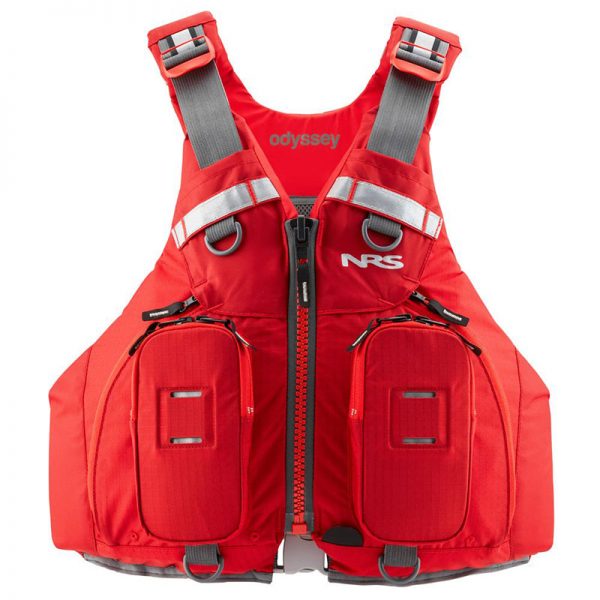 A red life jacket on a white background.