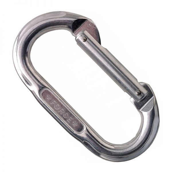 A stainless steel carabiner on a white background.