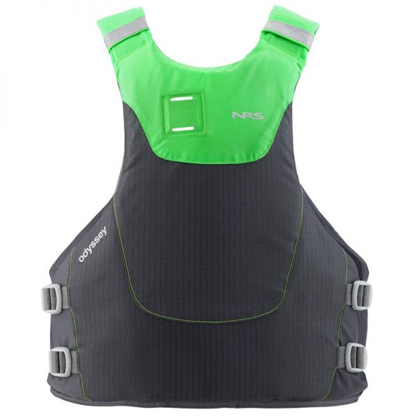 A black and green life jacket on a white background.