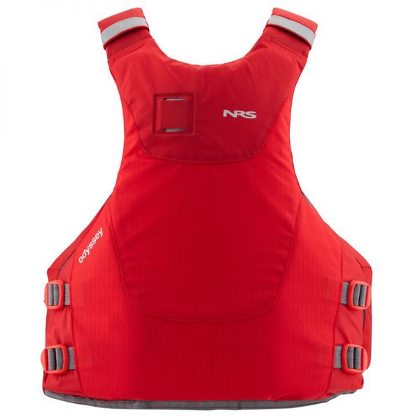 A red life jacket on a white background.