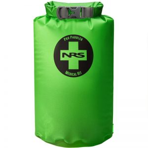 A green dry sack with the NRS Paddler Medical Kit logo on it.