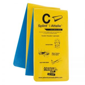 A pair of yellow and blue NRS Paddler Medical Kit wristbands with the letter c on them.