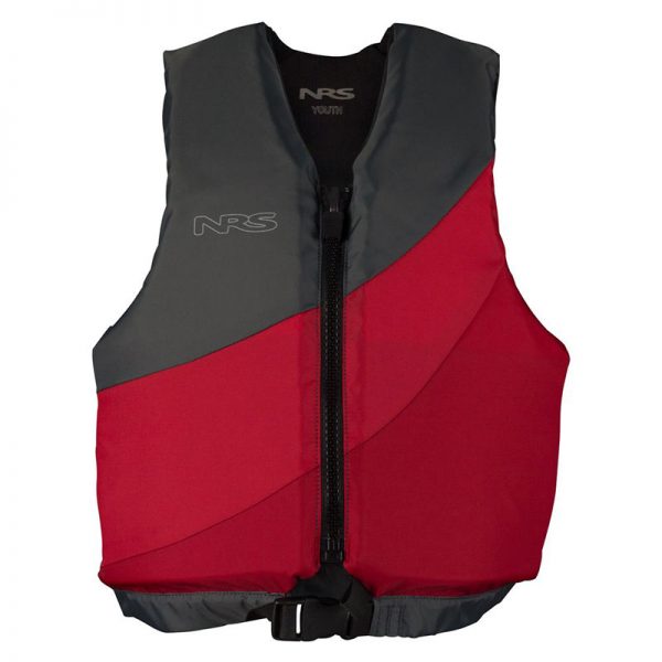 A red and gray life jacket on a white background.