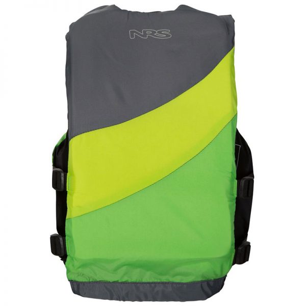 A green and grey nss life jacket on a white background.