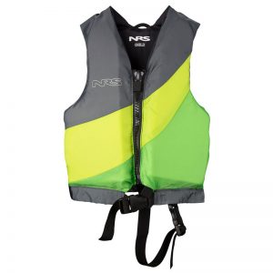 A yellow and green life jacket with a zipper.