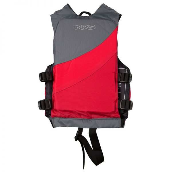A red and grey life jacket on a white background.