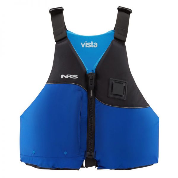 A blue and black life jacket with the word vista on it.