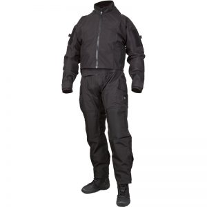 A black Raptor Breathable Drysuit with zippers and pockets.