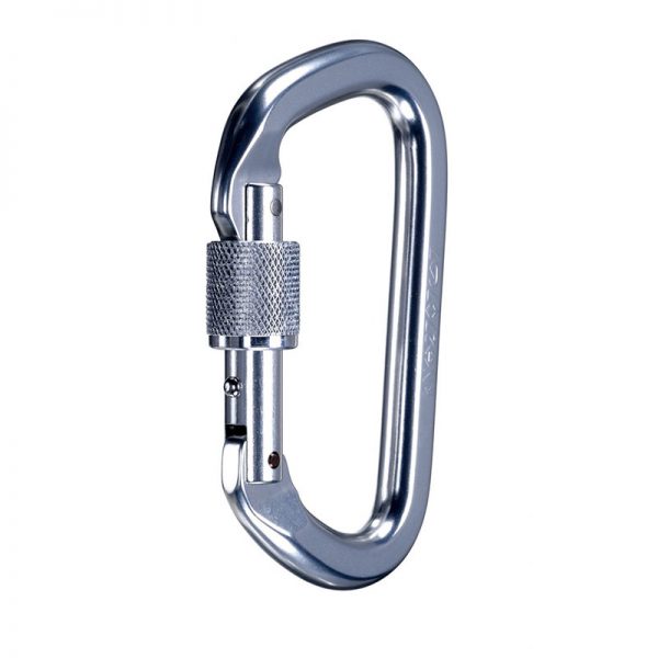 A stainless steel carabiner on a white background.