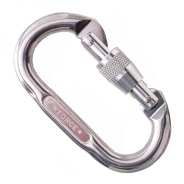 A stainless steel carabiner on a white background.