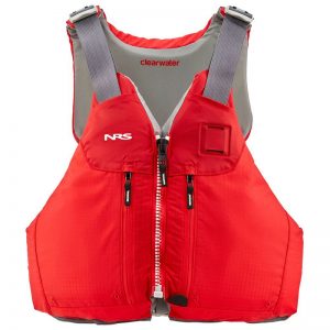 A red ns life jacket on a white background.