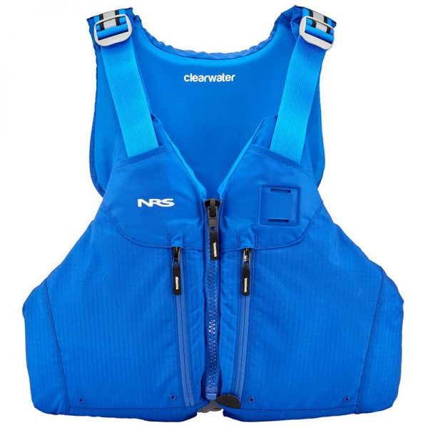 A blue life jacket with an adjustable strap.