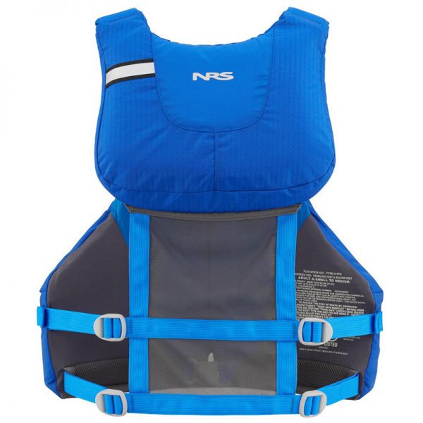 A blue life jacket with an adjustable strap.