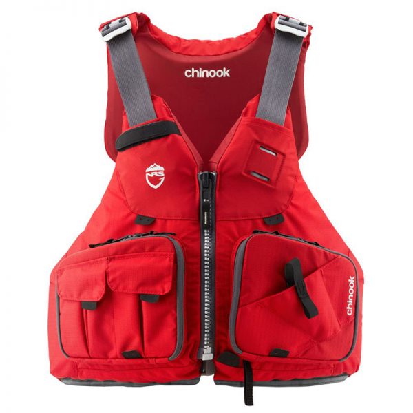 A red life jacket on a white background.