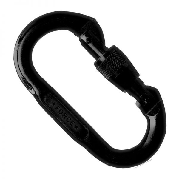 A black carabiner on a white background.