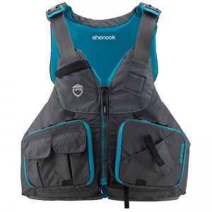 A gray and blue fishing life jacket.