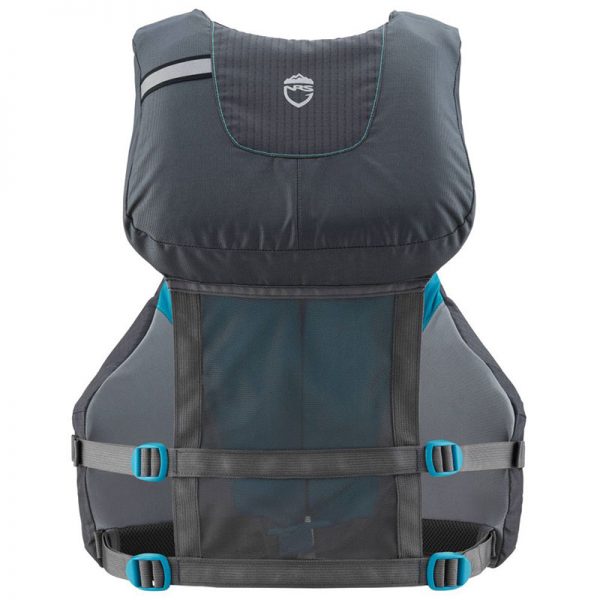 A women's life jacket with a blue and black design.