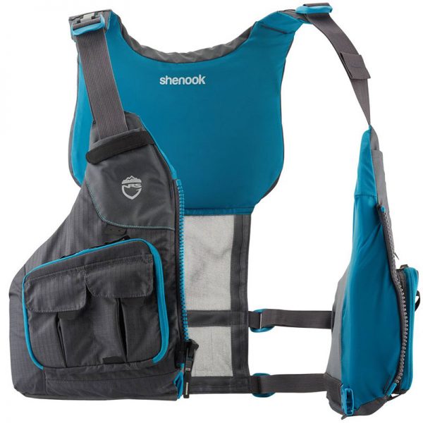 A blue and gray fishing vest with a shoulder strap.