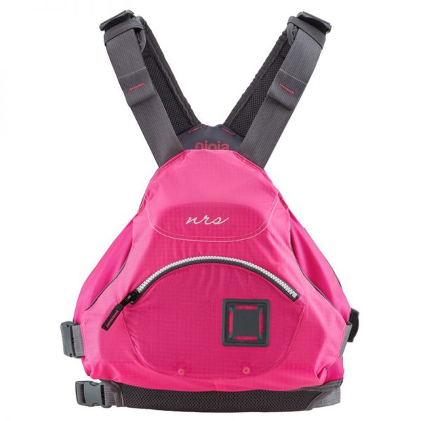 A women's pink fps life jacket on a white background.