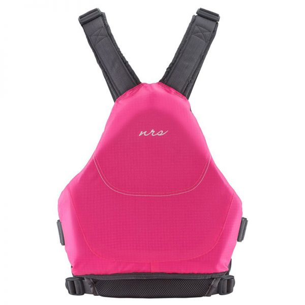 A pink life jacket on a white background.