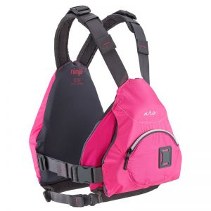 A pink life jacket with black straps.