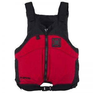 A red and black life jacket on a white background.