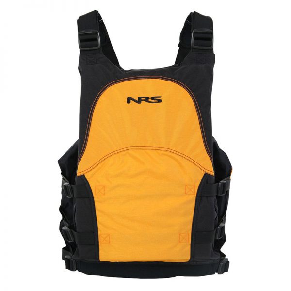 A yellow and black nrs life jacket on a white background.