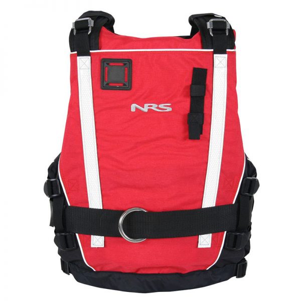 A red and black nrs life jacket on a white background.