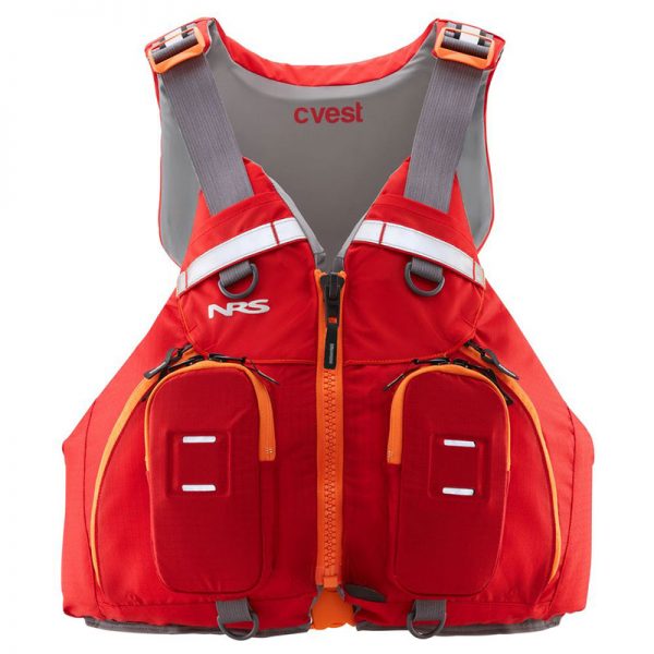 A red and orange life jacket on a white background.