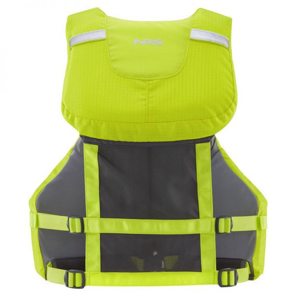 The back of a neon yellow life jacket.