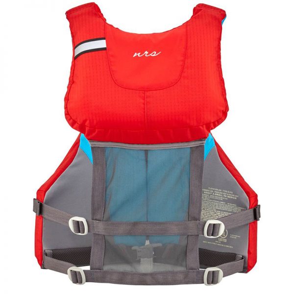 A women's life jacket with a red and blue color.