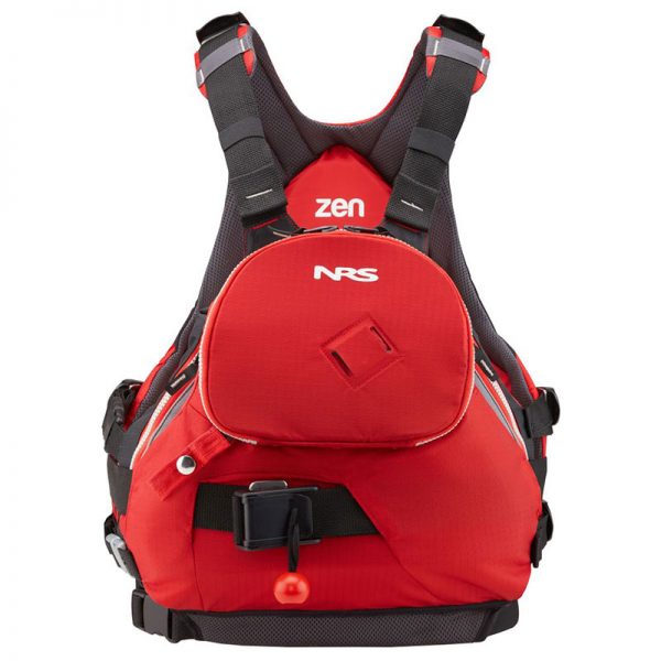 The zen nrs life jacket is red and black.