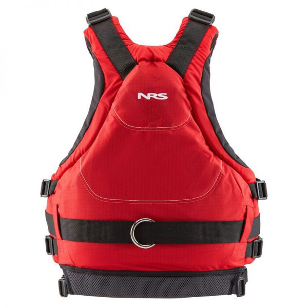 A red and black nss pfd on a white background.